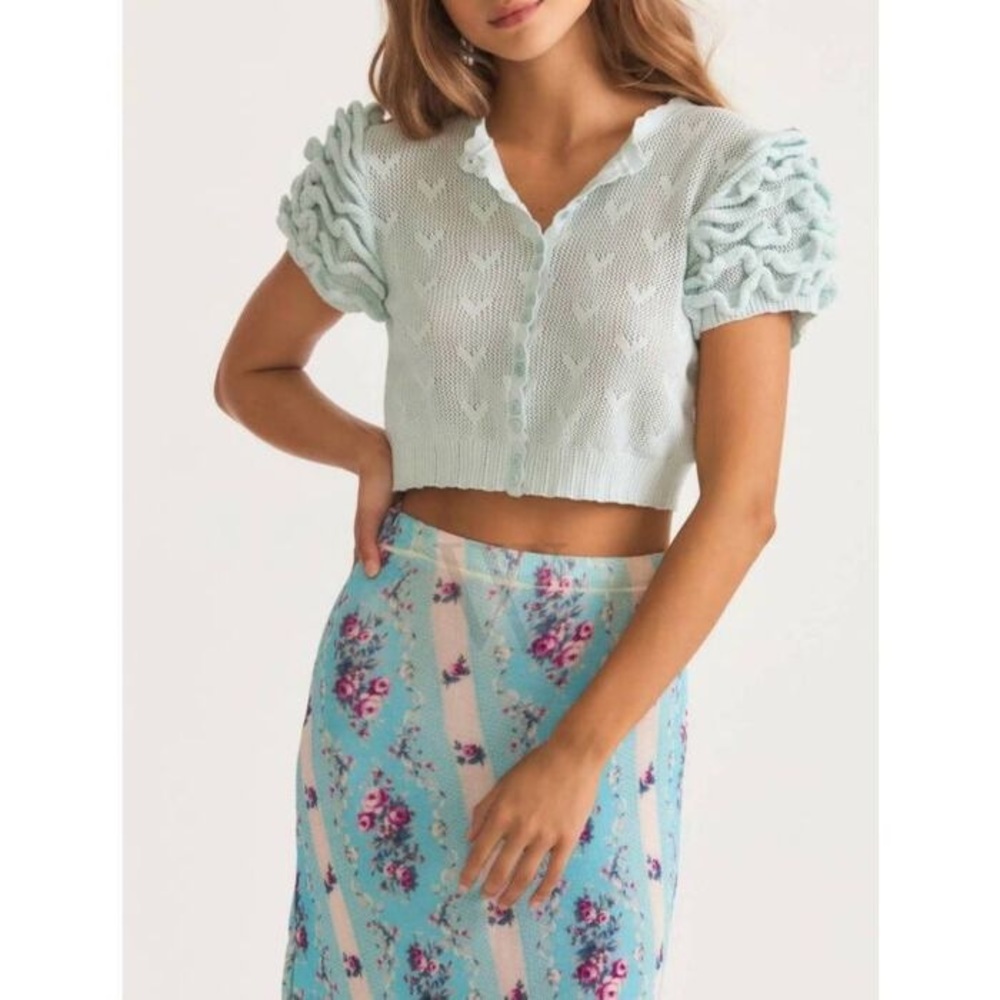 LoveShackFancy Cropped Puff Sleeve Sweater Top